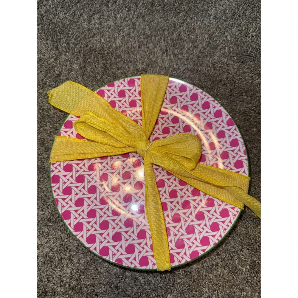6 Pink Green Cynthia Rowley Melamine 9” Plates Geo Wicker Cane Pattern Preppy